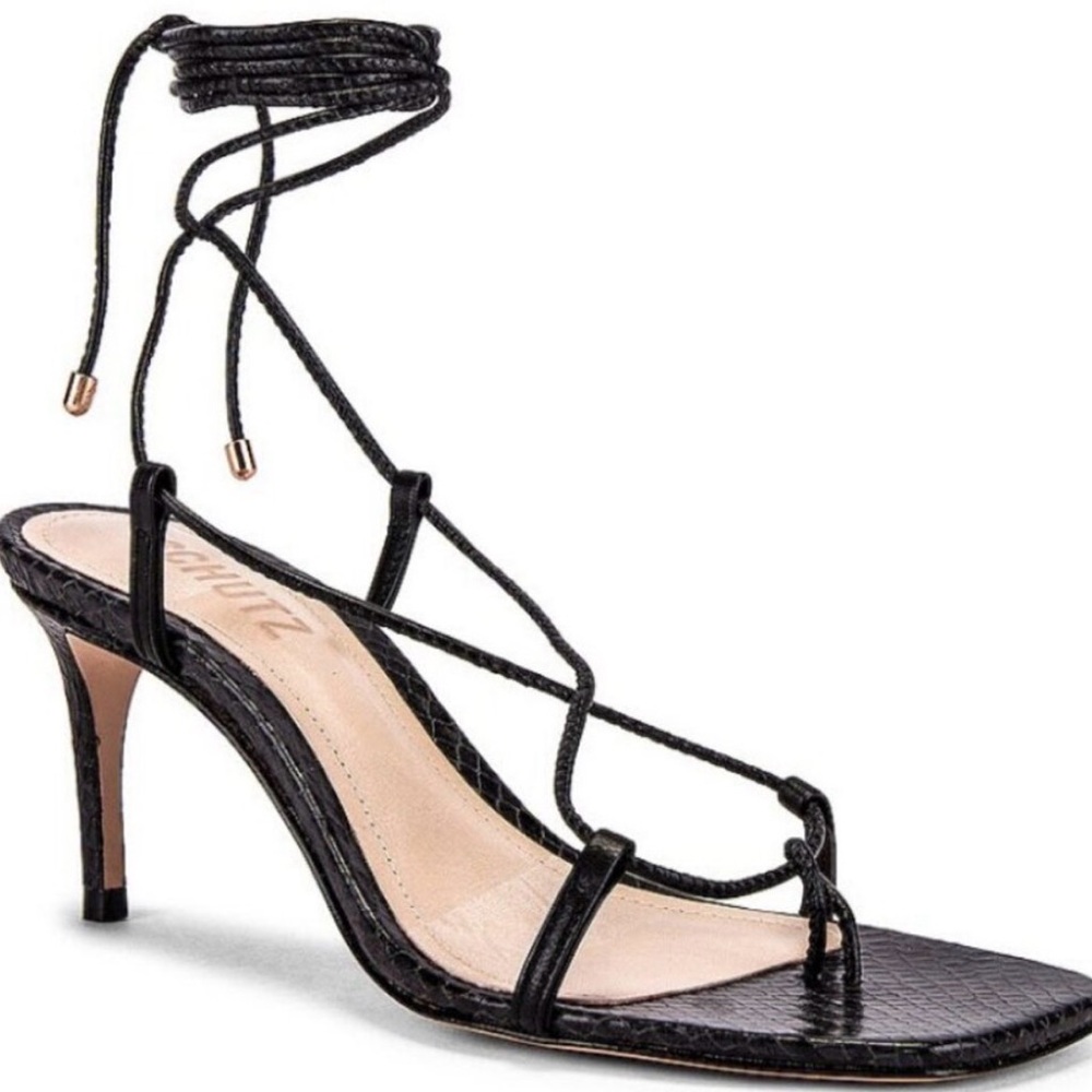 Womens Schutz Black Snake Print Antosha Strappy Leather Heeled Sandal 7B